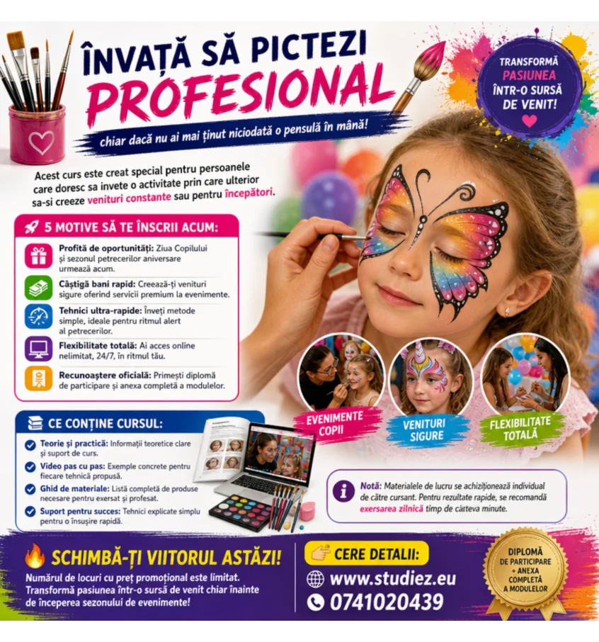 Învață să pictezi profesional pe fata si pe corp, chiar dacă nu ai mai ținut niciodată o pensulă în mână!